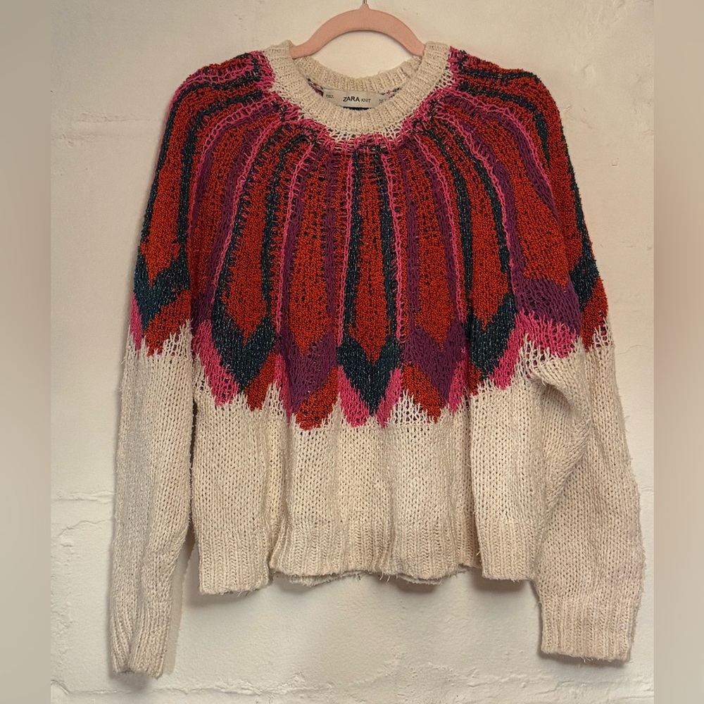 Zara Multicolor Jaquard Knit Sweater - Red, Pink, Cream